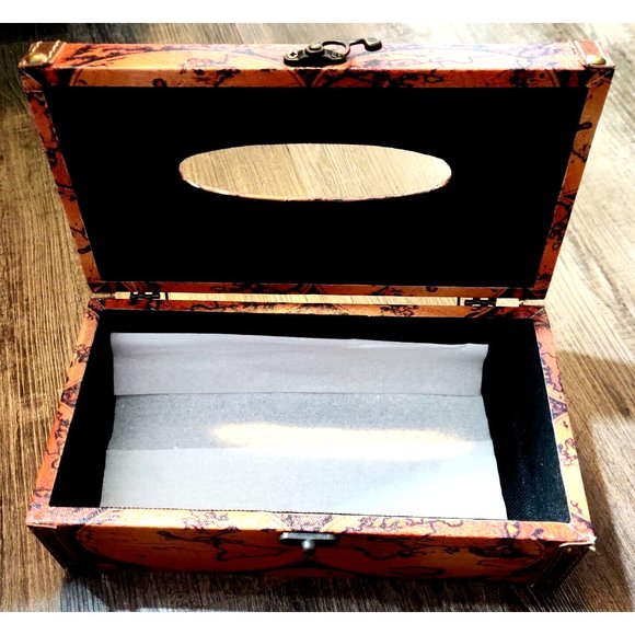 Retro World Map Tissue Box Holder / Faux Leather? Cover Rustic History Tabletop - Picture 2 of 12